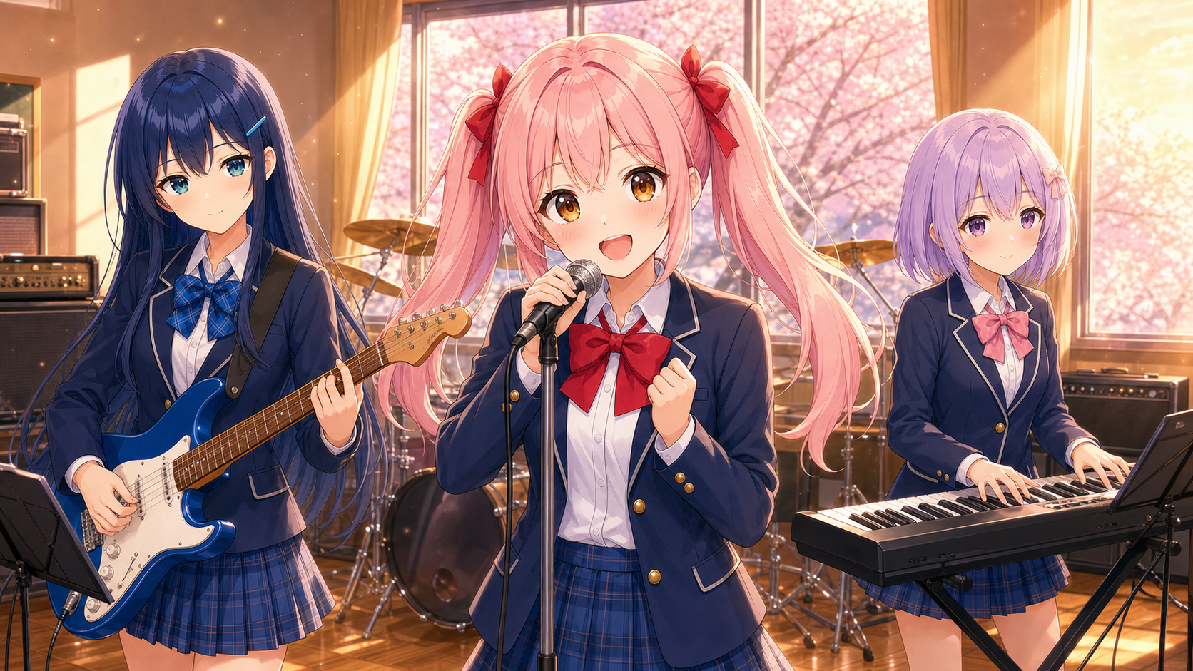 音楽室でバンド練習をする3人。ひなたが歌い、れいがギターを弾き、こはるがキーボードを弾いている