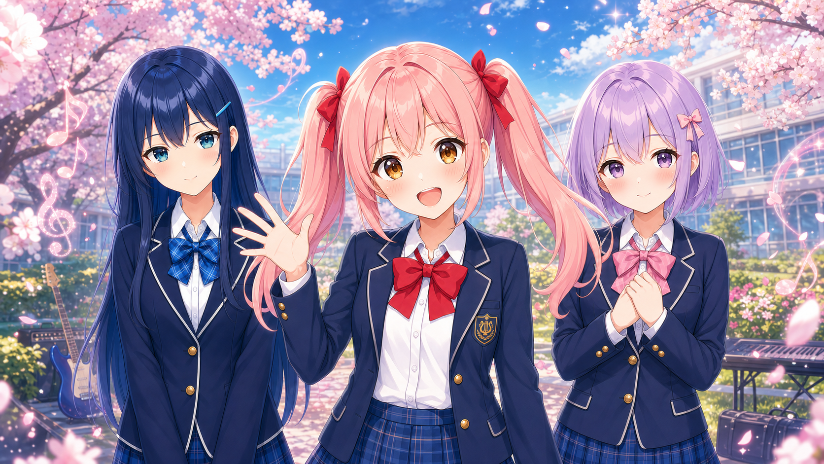 はるいろクレッシェンド キービジュアル：桜舞う校庭に立つ、ひなた・れい・こはるの3人