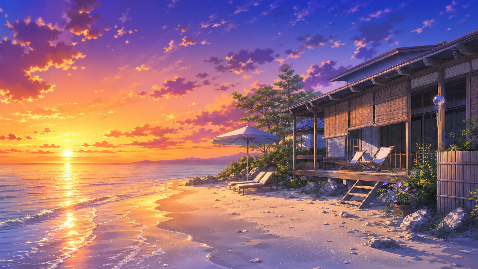 夕暮れに染まる砂浜と海の家